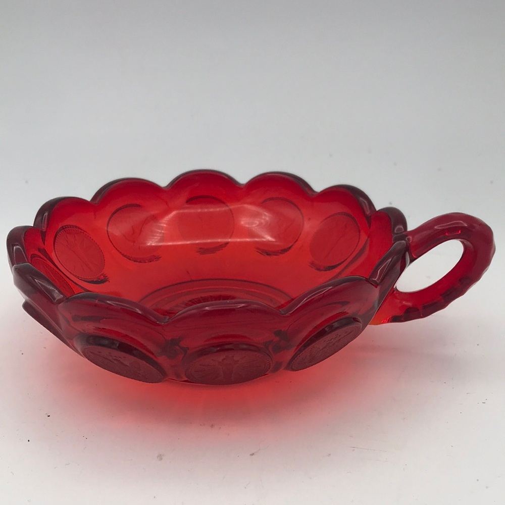 VTG Fostoria Ruby‎ Red Coin Dot Glass Nappy Dish with Handle